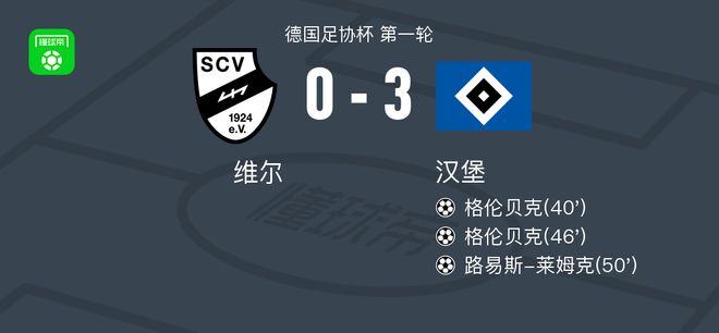 汉堡3-0大胜维尔,格伦贝克梅开二度,路易斯-莱姆克传射